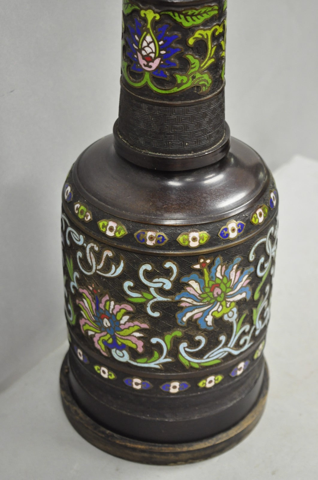 Antique Chinese Bronze Cloisonne Enameled Champleve Chinoiserie Table Lamp