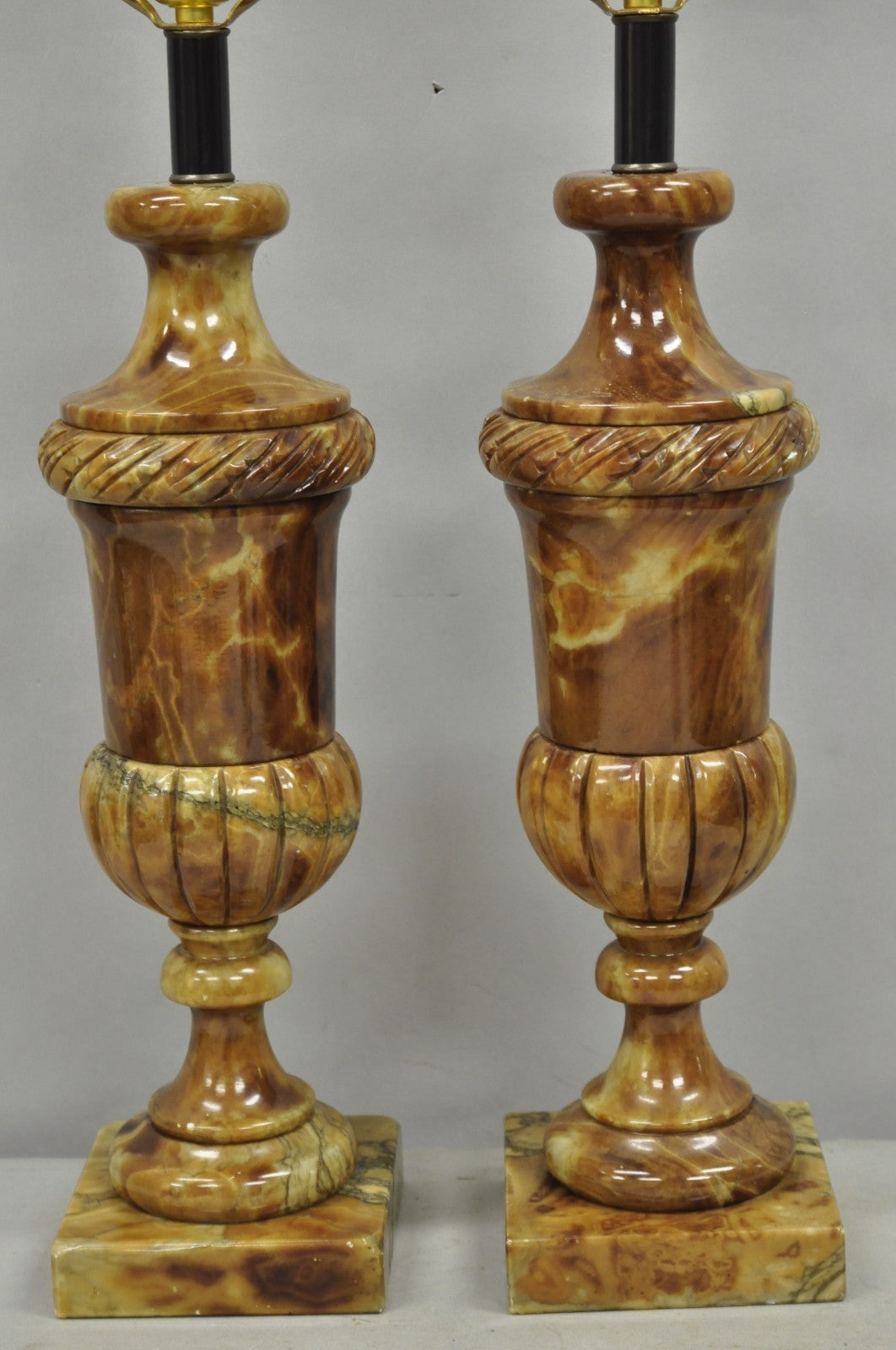 Vintage French Empire Style Polished Brown Marble Urn Form Table Lamps - a Pair