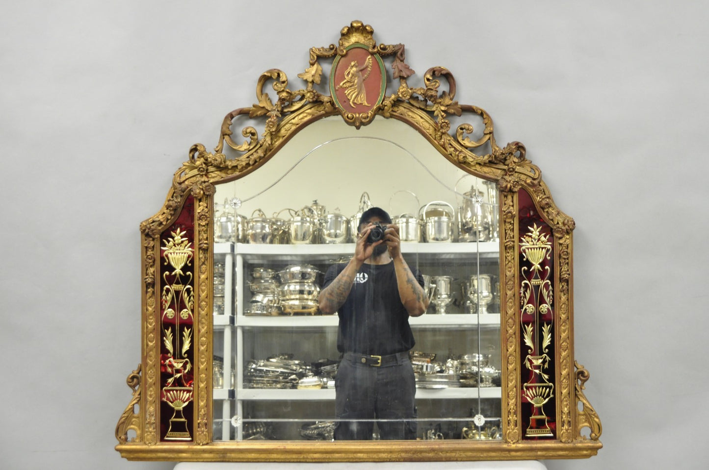 Antique French Neoclassical Baroque Gold Gilt Gesso Red Glass Frame Wall Mirror