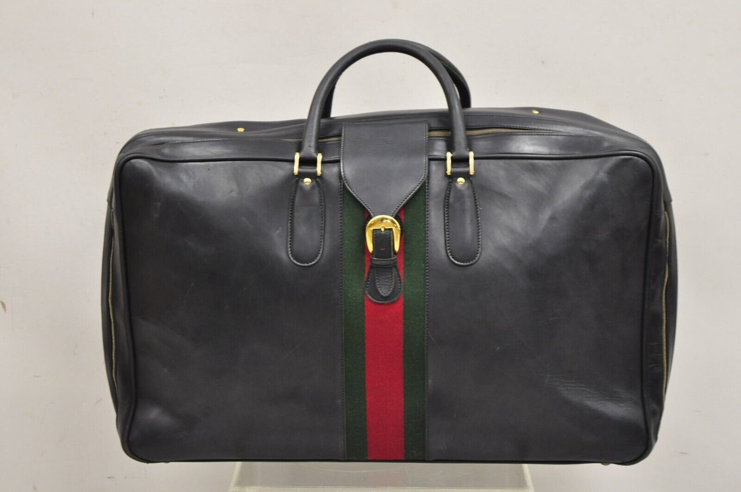 Vintage Gucci Large Black Leather Suitcase Luggage Travel Bag Green Red Webbing