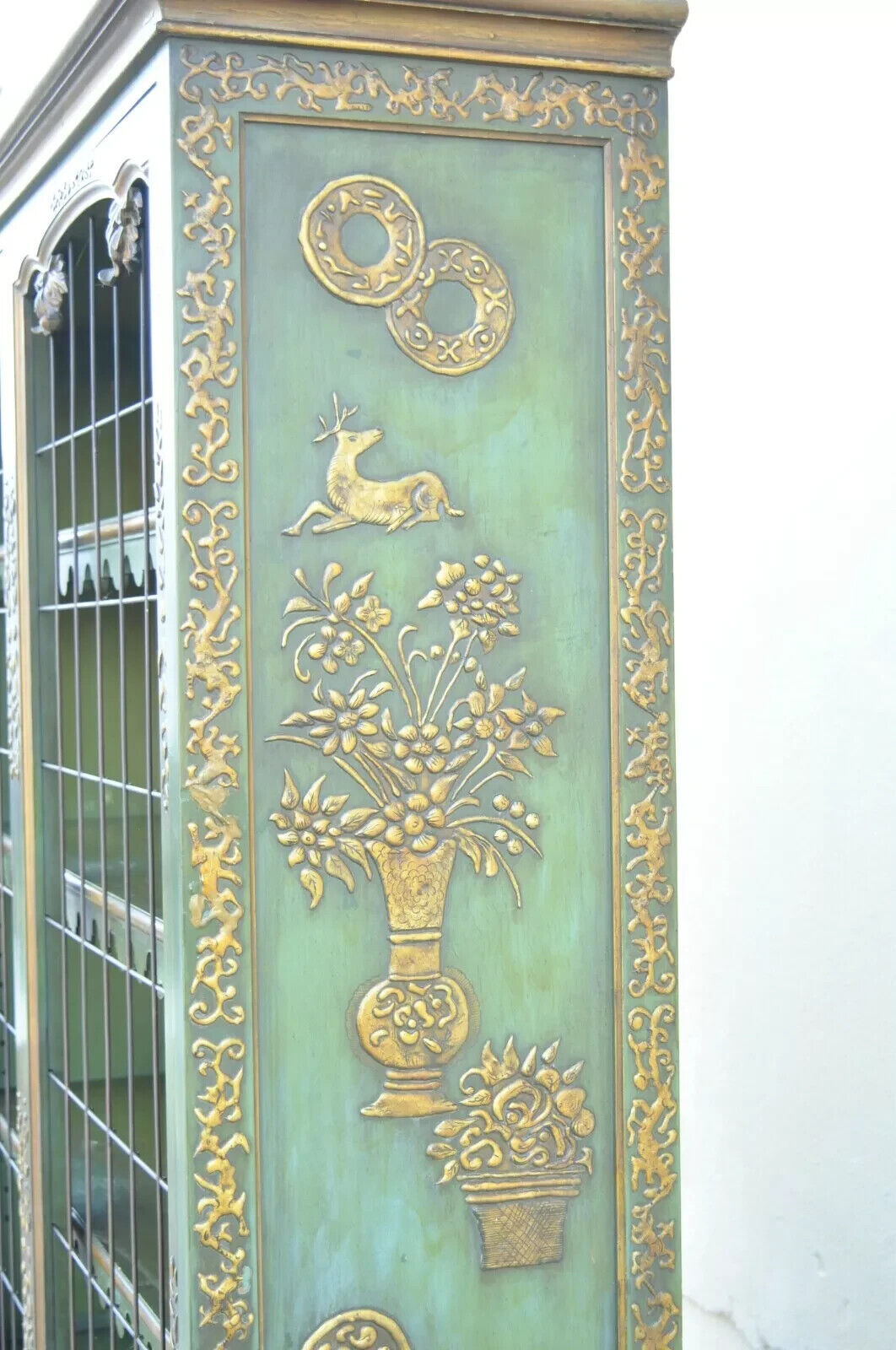 English Chinoiserie Green Distress Painted Tall George III Curio Display Cabinet