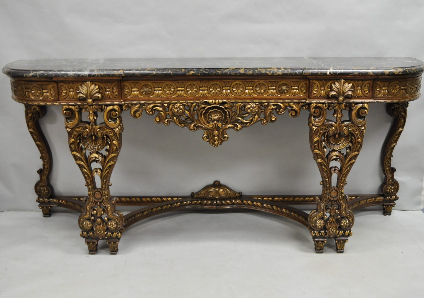 Antique French Baroque Rococo Carved Walnut Marble Top Sideboard Buffet w Drawer