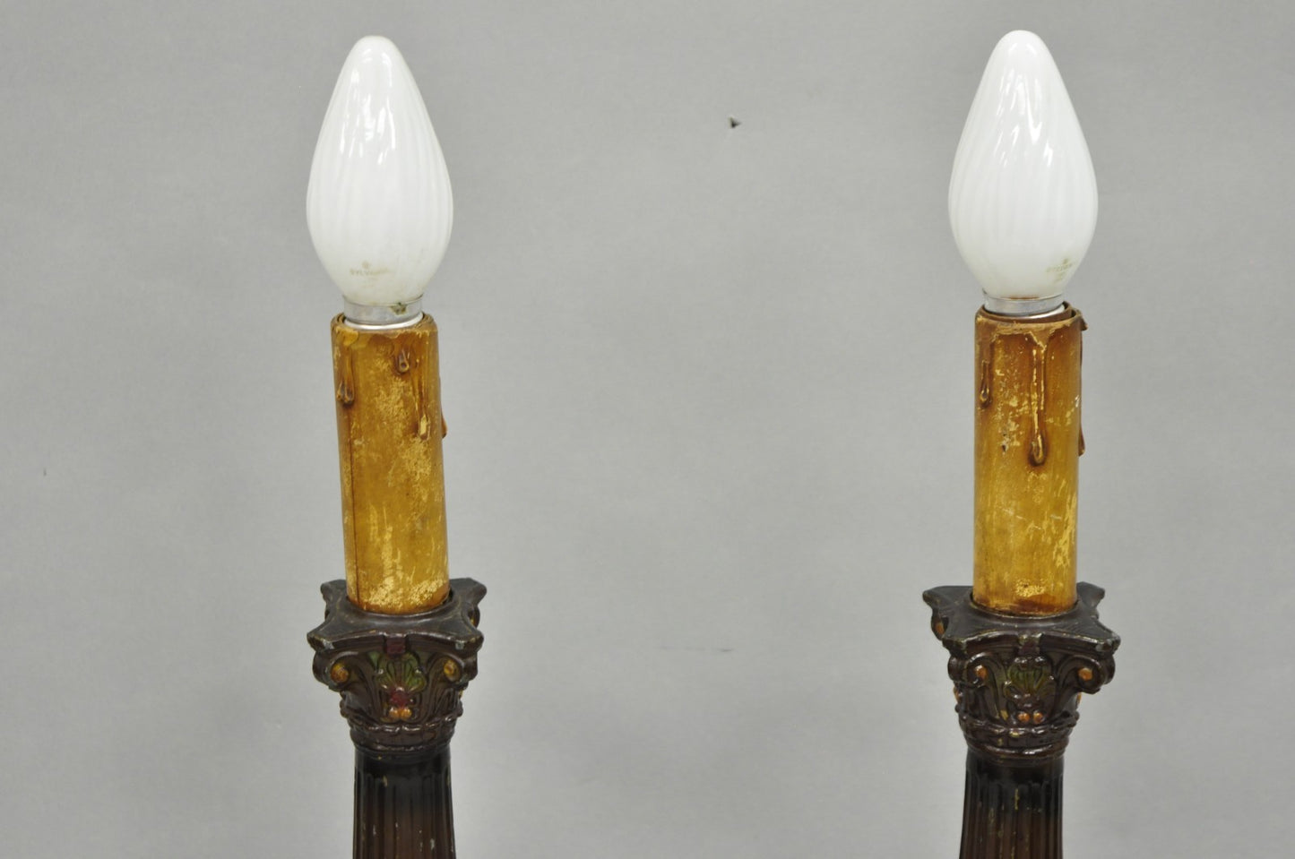 Antique French Empire Brown Painted Column Small Metal Table Lamps - a Pair