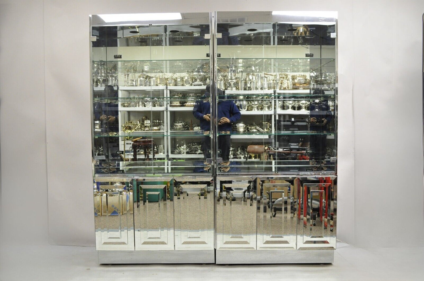 Vintage Hollywood Regency Mirrored Credenza Display Cabinets by Ello - a Pair