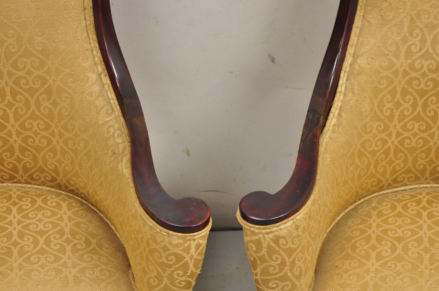 Vintage Hollywood Regency Drape Carved Mahogany Fireside Lounge Chairs - a Pair