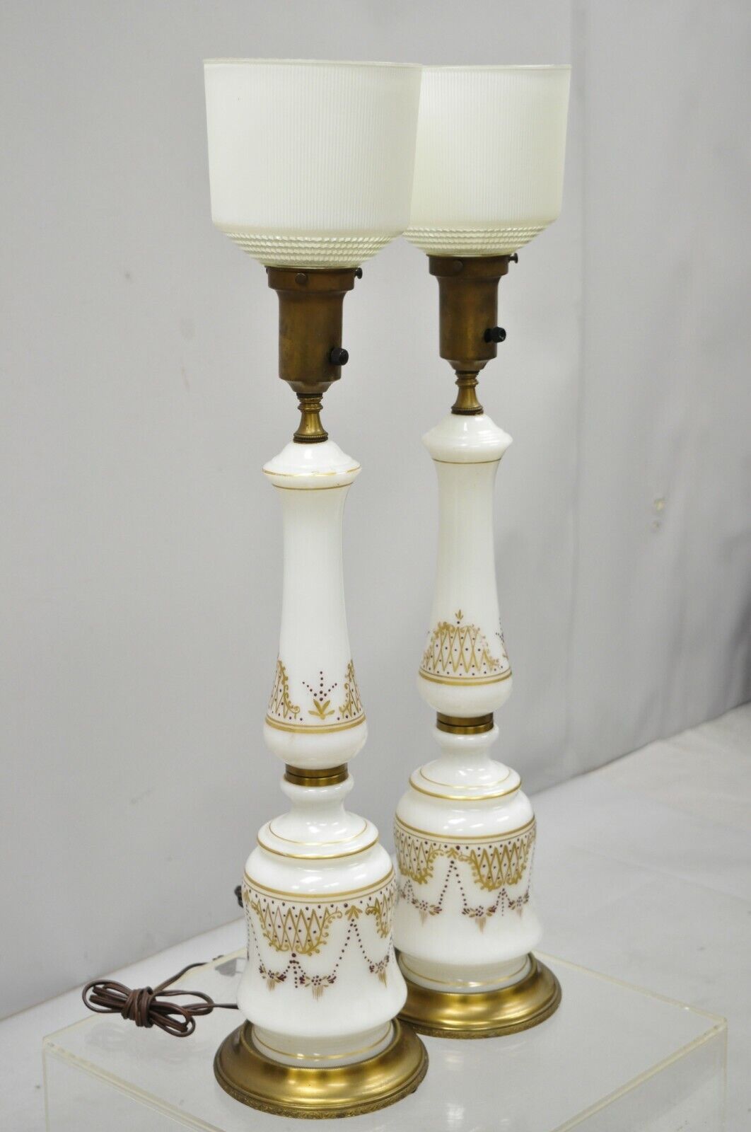 Vintage French Neoclassical Gold Gilt White Porcelain Column Table Lamps - Pair