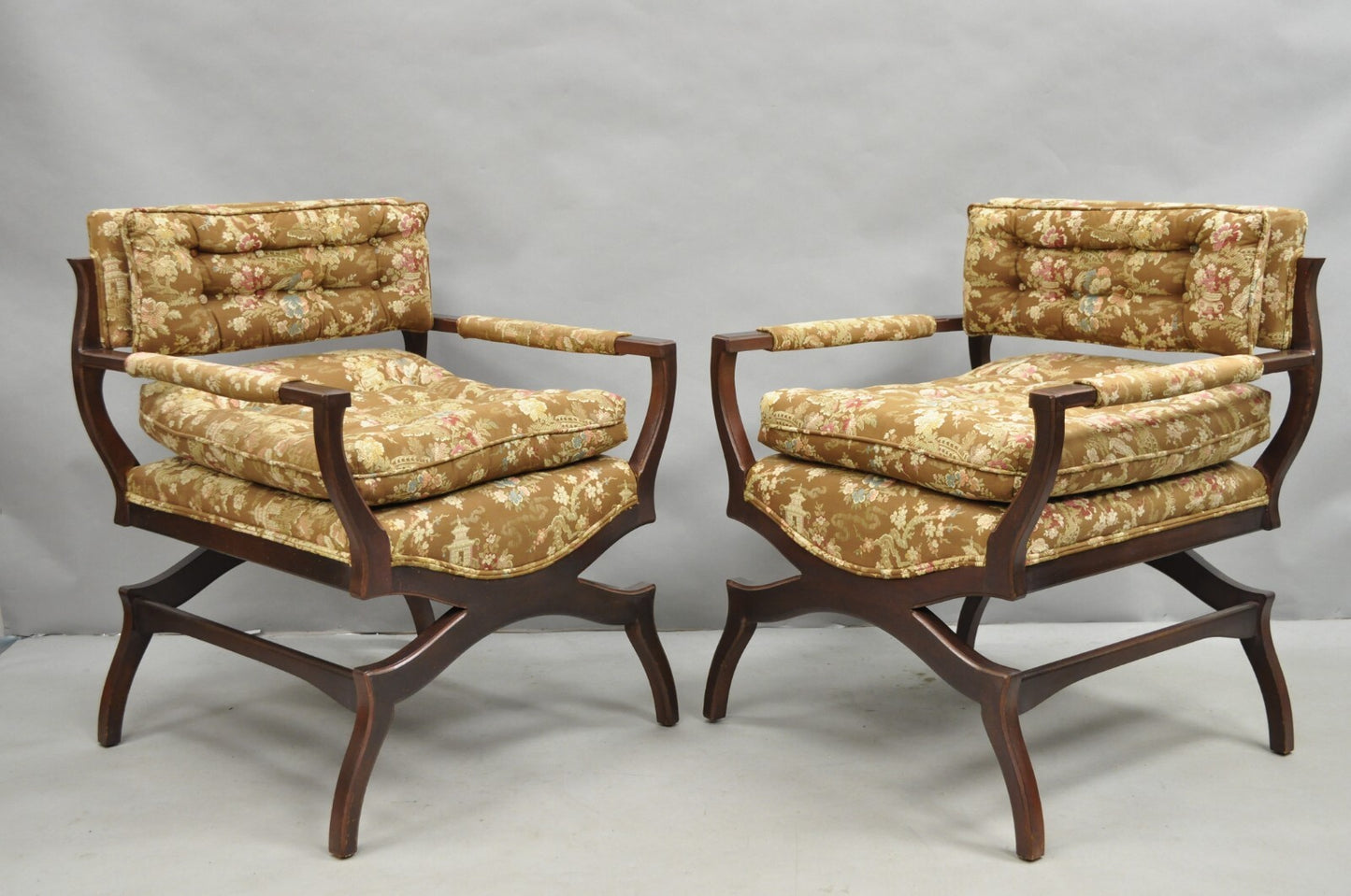 Vintage Hollywood Regency Curule Wooden X-Frame Lounge Arm Chairs - a Pair