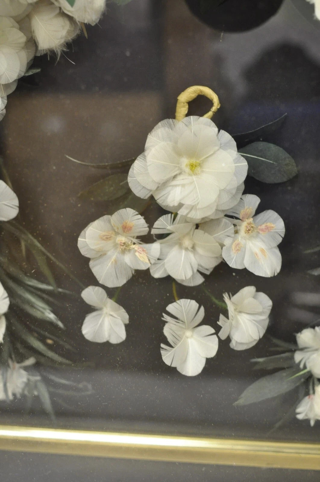 Antique Victorian White Feather Floral Mourning Wreath Mahogany Wood Shadow Box
