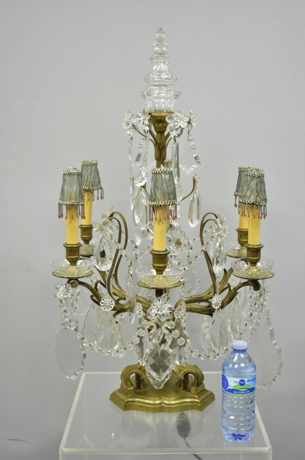 French Louis XVI Bronze & Crystal Prism Girandole Electrified Candelabra Lamp