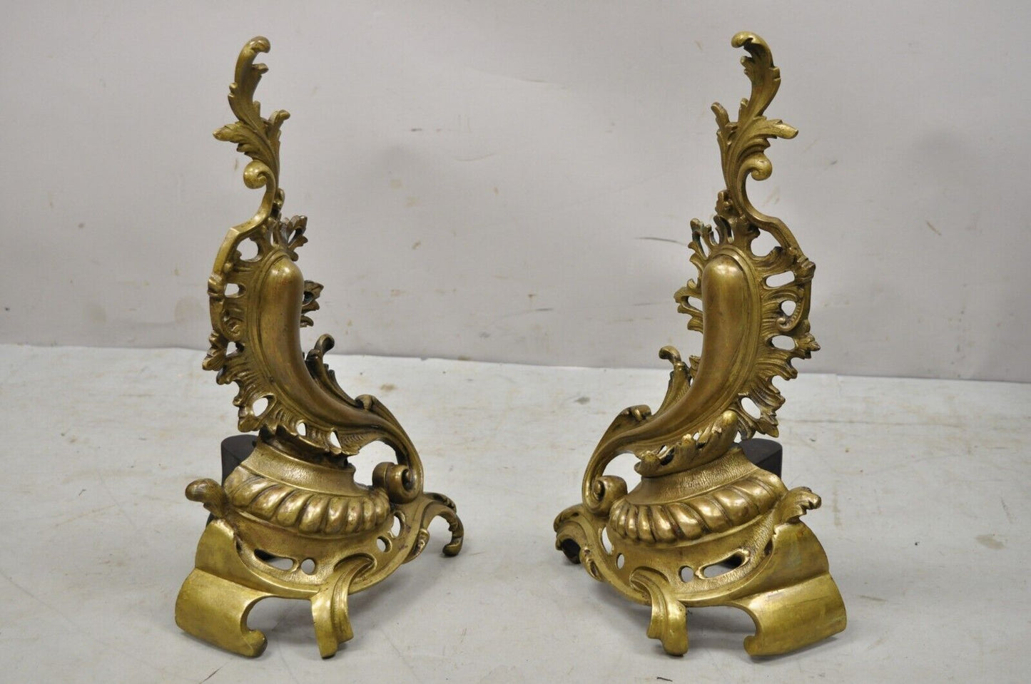 Vintage French Rococo Style Bronze Acanthus Leafy Scroll Andirons - a Pair