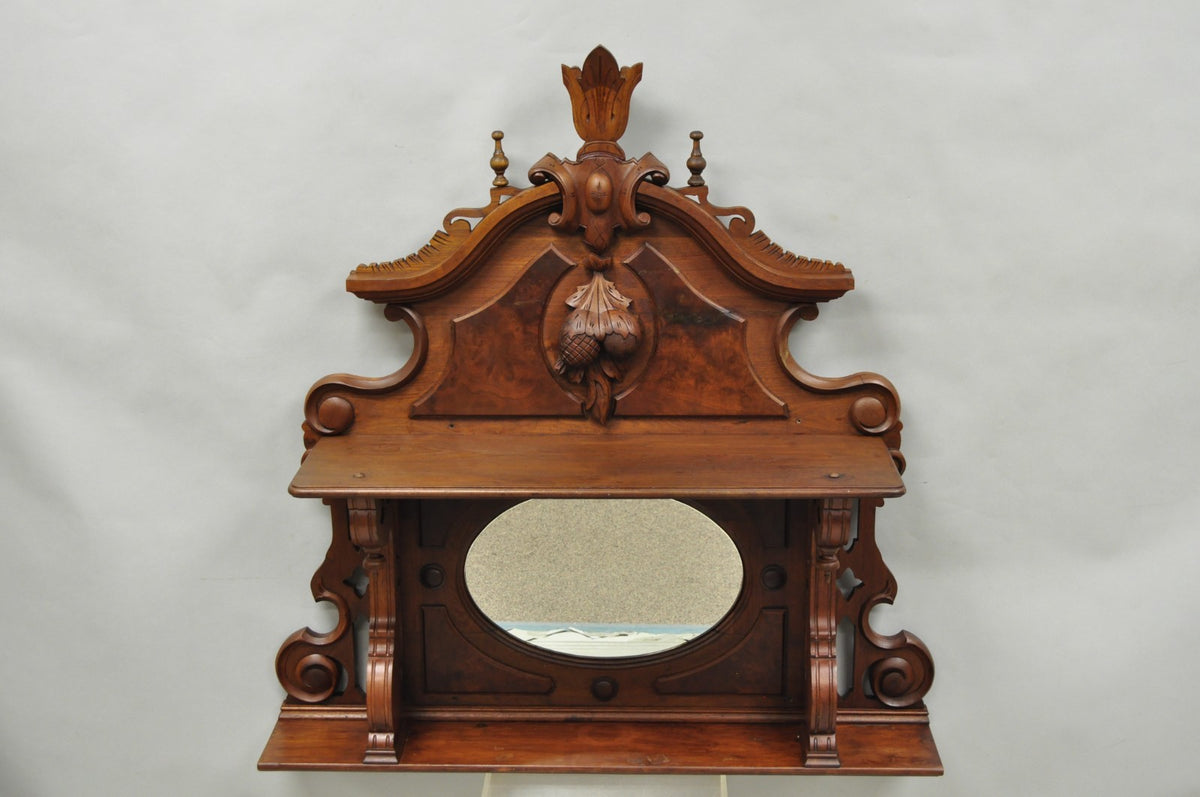 Antique Eastlake Victorian Carved Walnut Oval Mirror Sideboard Backsplash Shelf