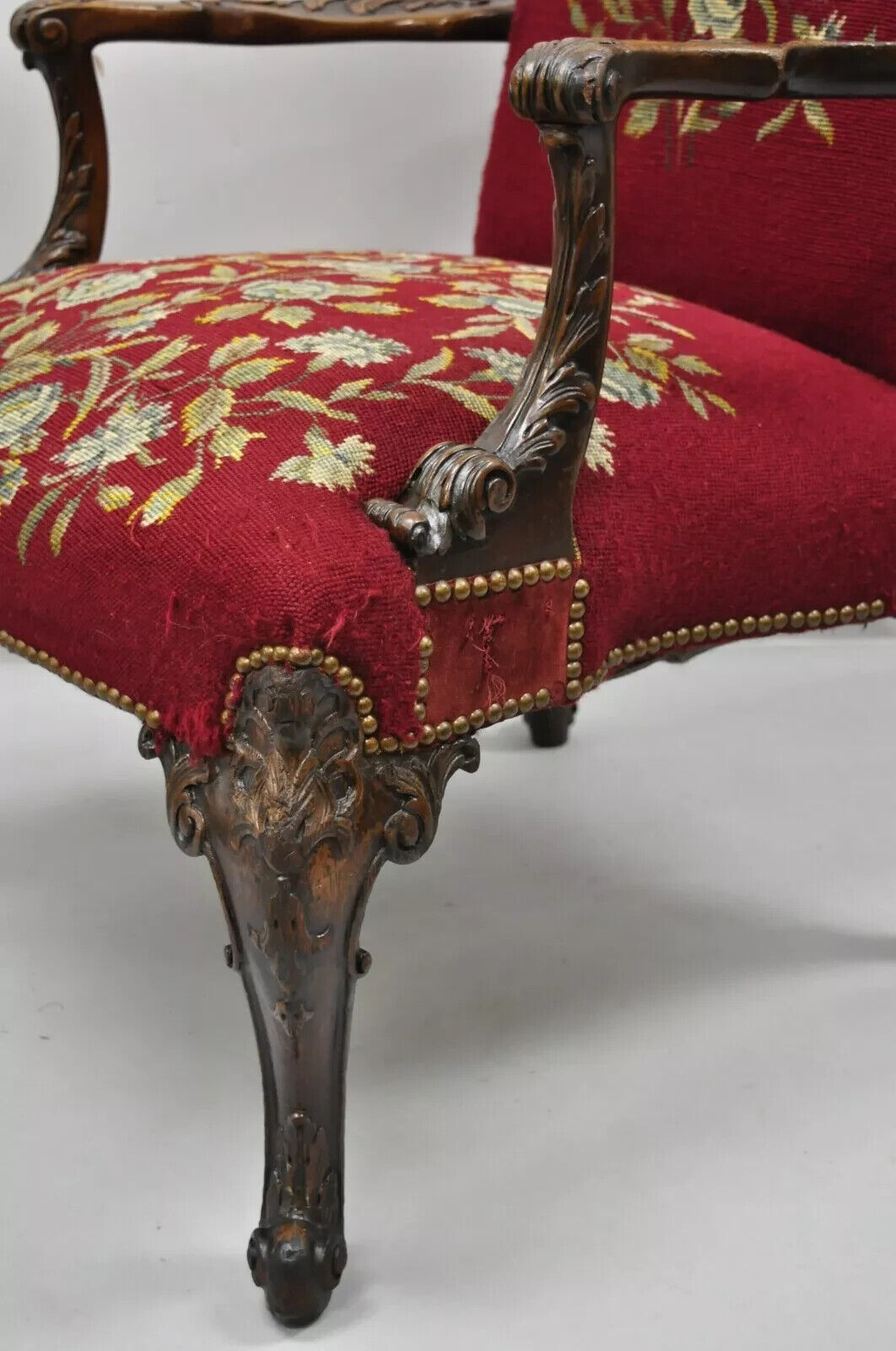 Antique Georgian Floral Needlepoint Carved Mahogany Fireside Lounge Arm Chair