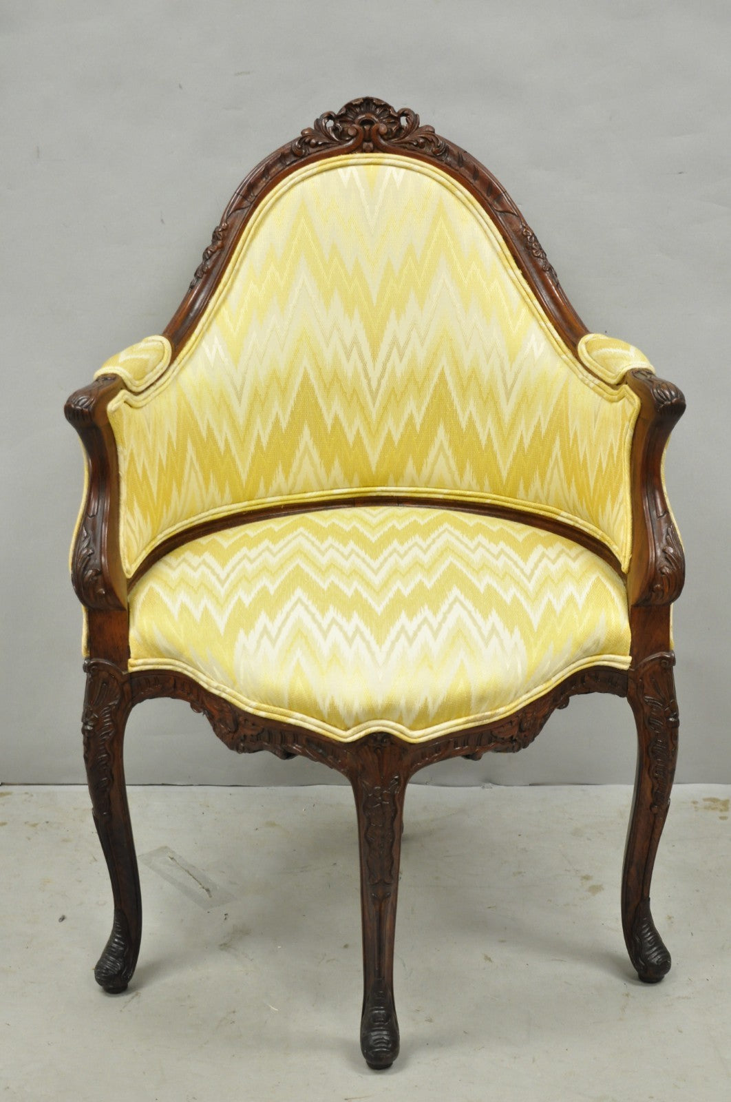 Antique French Louis XV Style Carved Walnut Yellow Fabric Boudoir Lounge Chair