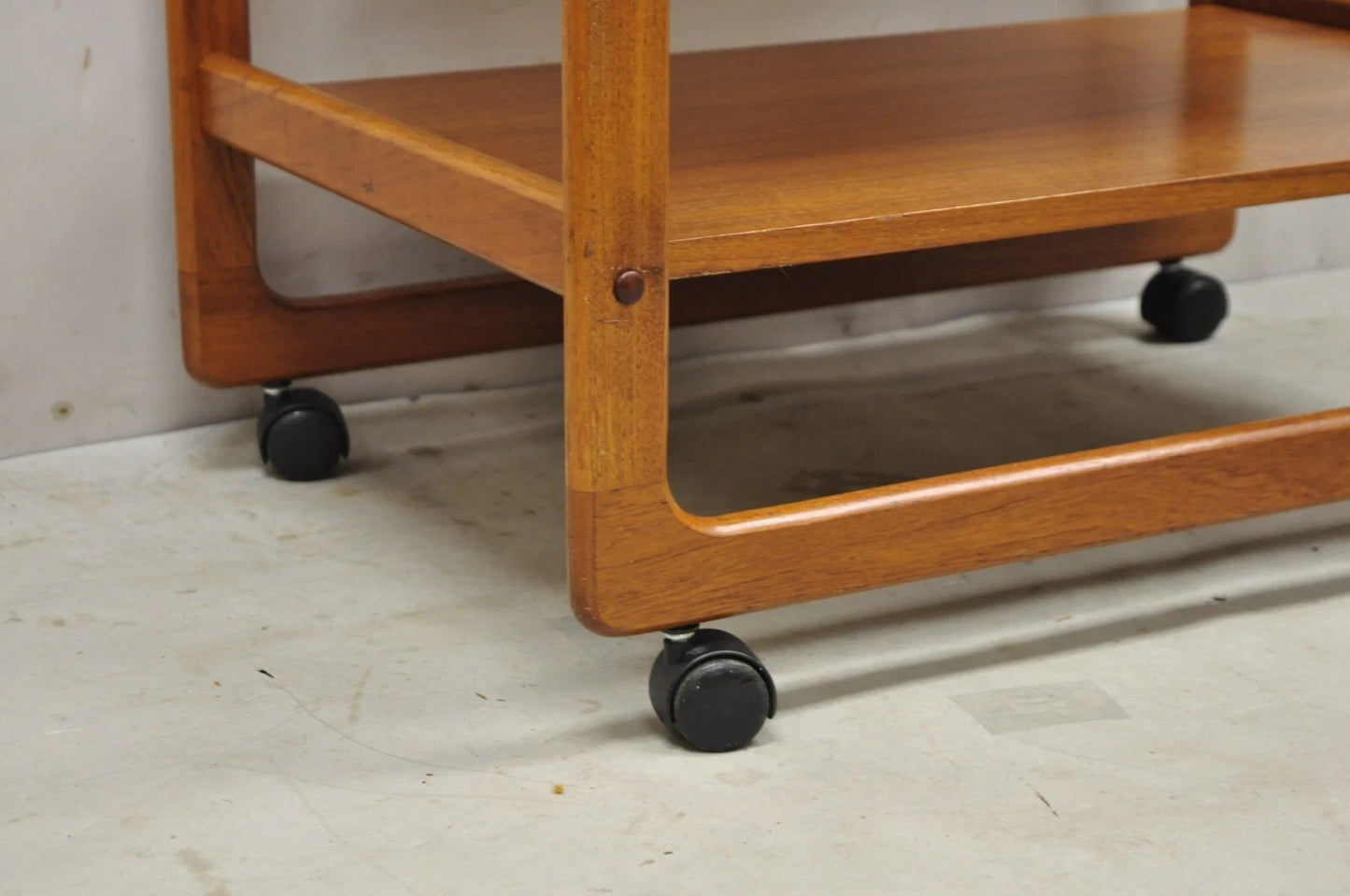 Vintage Mid Century Danish Modern Teak Wood 2 Tier Rolling Bar Cart Side Table