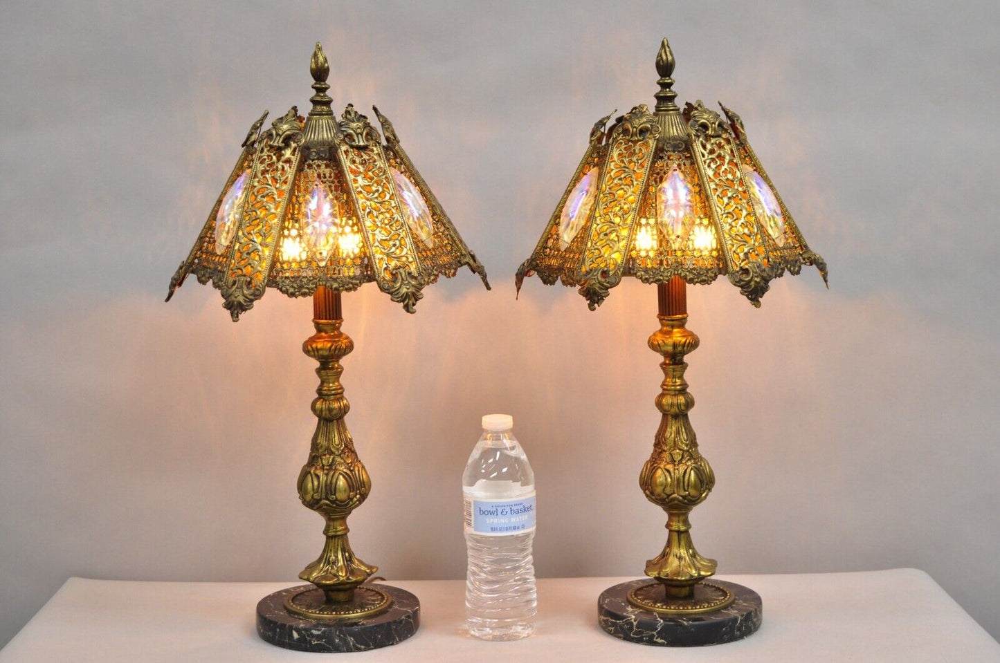 Vintage Hollywood Regency Loevsky & Loevsky Style Small Gold Table Lamps - Pair
