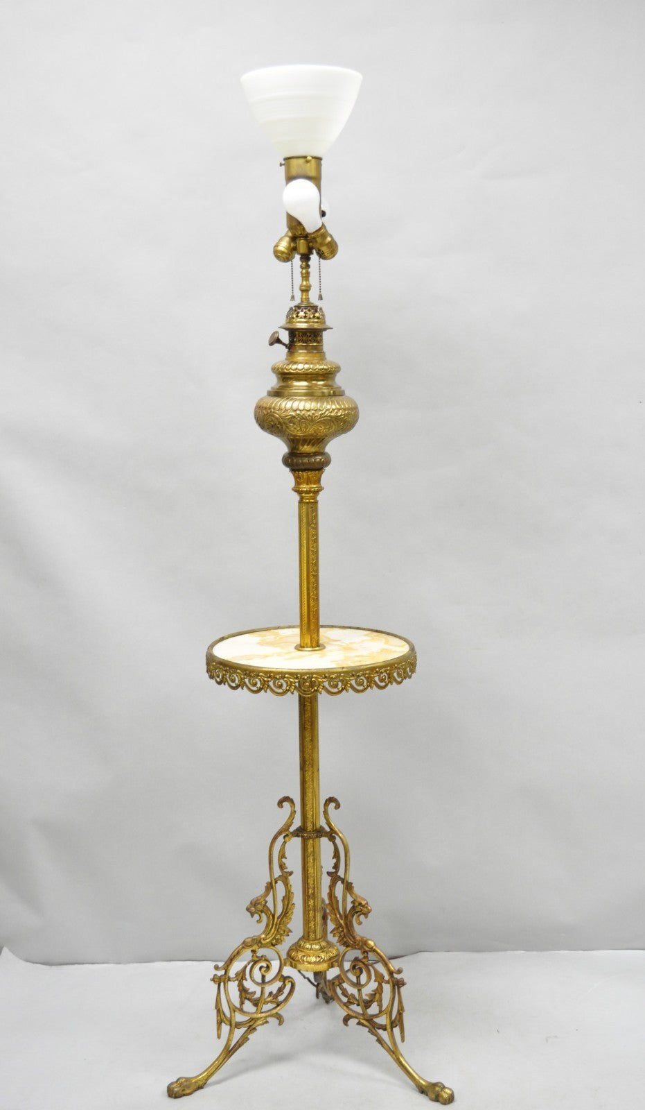 Victorian Bronze Griffin Figural Converted Oil Lamp Marble Side Table Floor Lamp