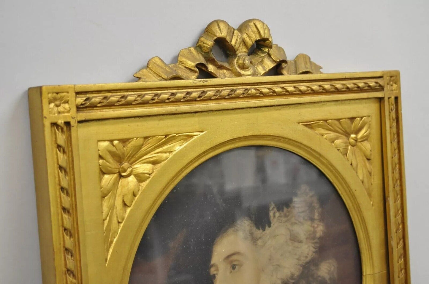 Antique French Louis XV Style Gold Gilt Wood Trumeau Mirror with Portrait Print