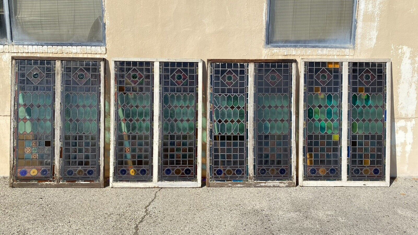 Antique Victorian 70 x 48 Double Stained Glass Window Pink Blue Green Jeweled
