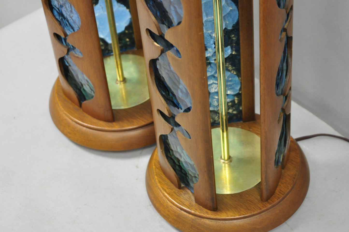 Vintage Modeline Mid Century Modern Walnut & Blue Stained Glass Table Lamps Pair