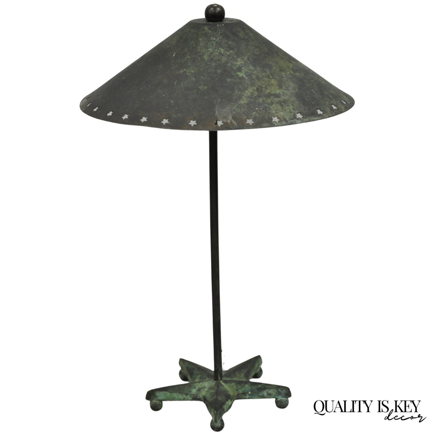 Brutalist Mid Century Modern Verdigris Green Bronze Star Cutout Small Table Lamp