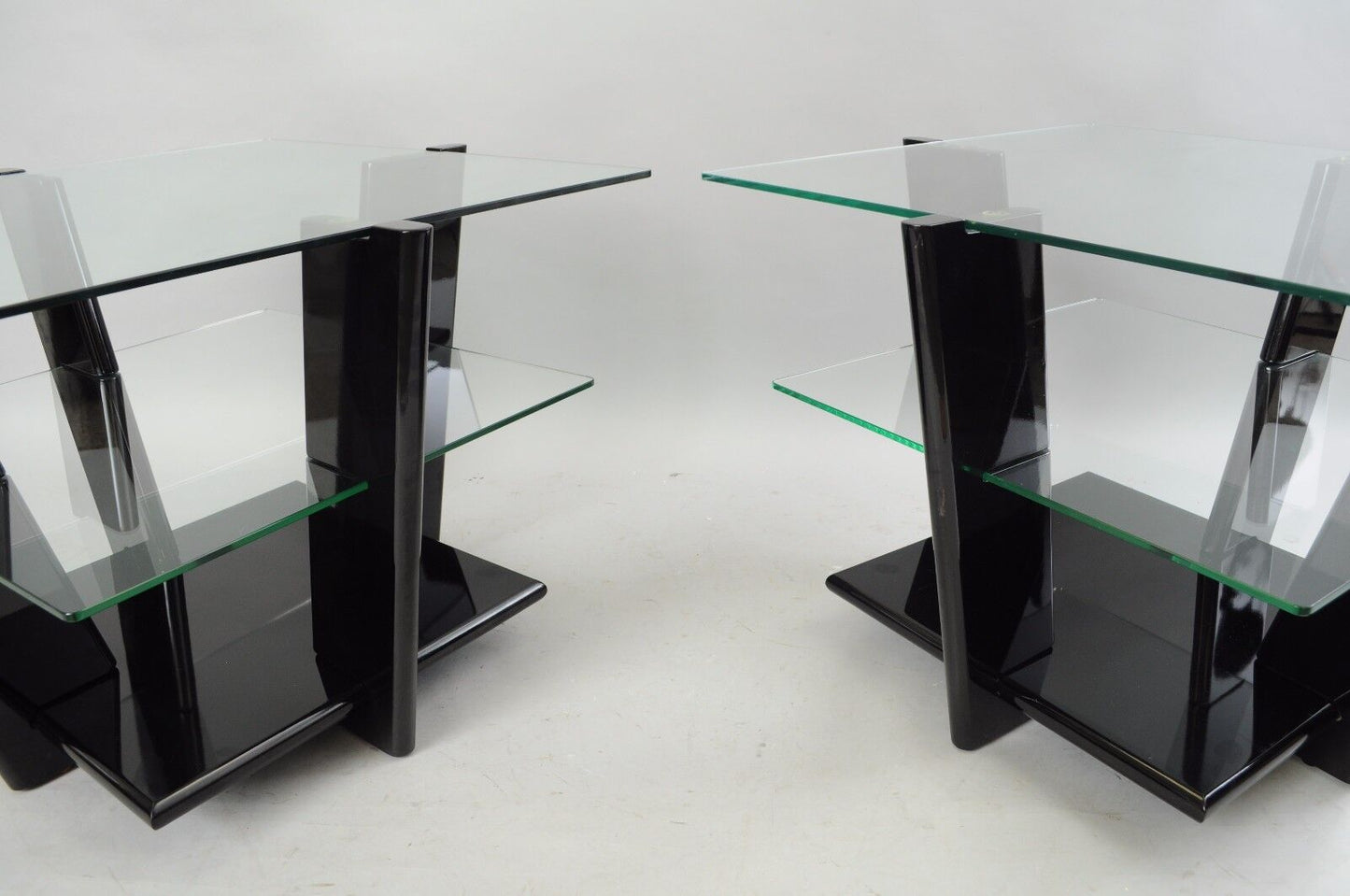 Pair of Contemporary Modern Black Lacquer & Glass 3 Tier End Tables Sculptural