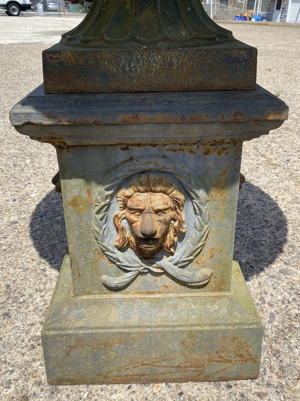 Vintage French Empire Large Cast Iron 42" Round Lion Urn Garden Planter on Base