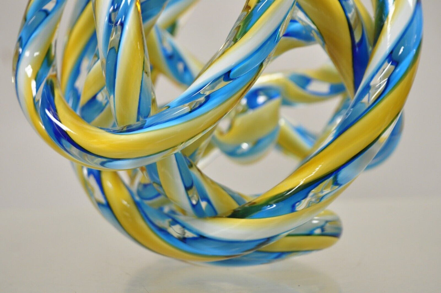 Murano Art Glass Swirl 8" Infinity Knot of Love Blue and Yellow