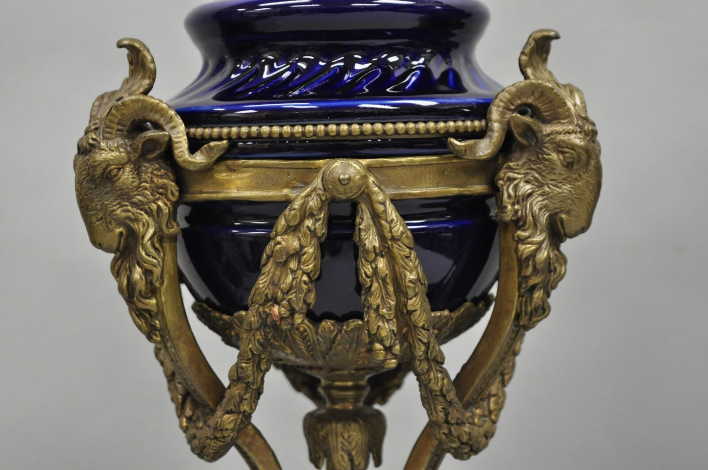 French Empire Neoclassical Bronze Ram Head Cobalt Blue Porcelain Table Lamp Pair
