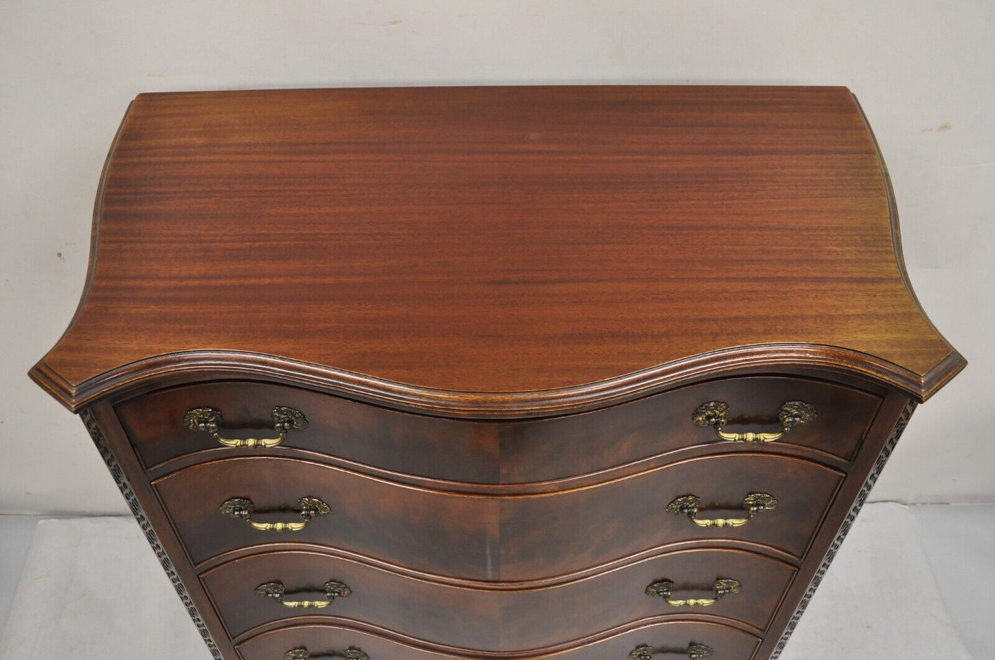 Vintage W&J Sloane Chinese Chippendale Mahogany Serpentine Tall Chest Dresser