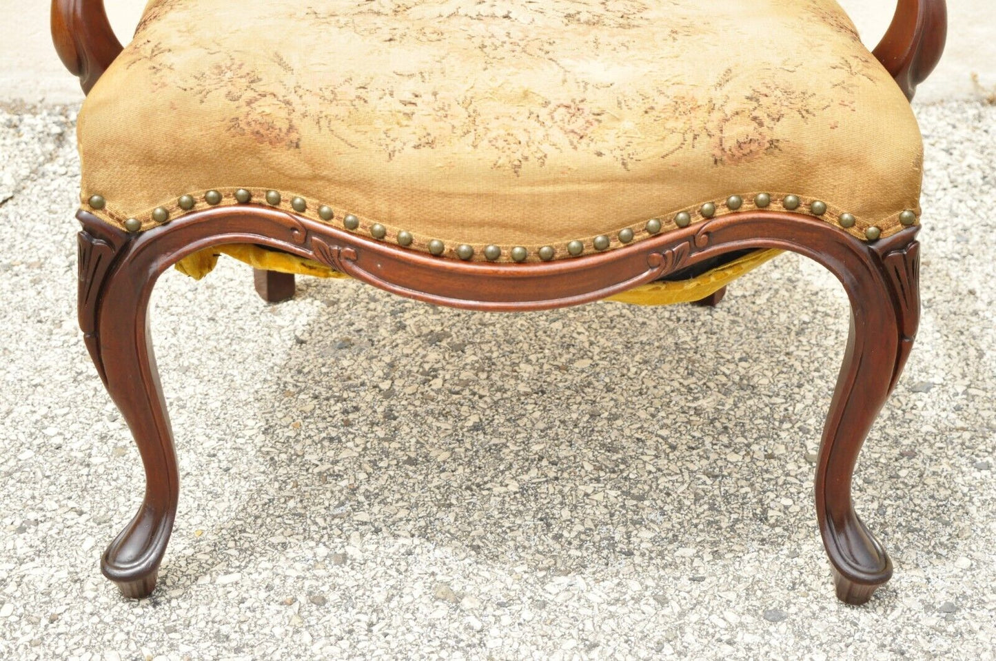 Vintage French Victorian Style Carved Mahogany Frame Lounge Arm Chair