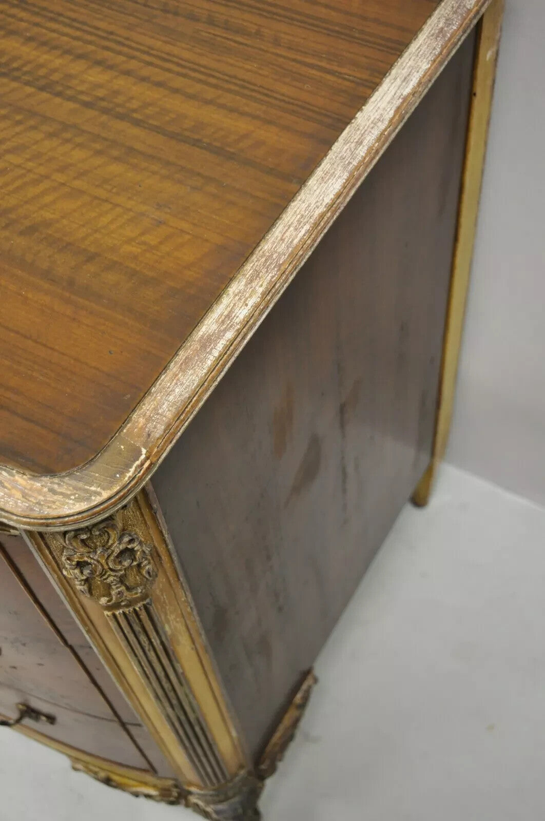 Antique French Louis XV Floral Satinwood Inlay Mahogany Chest Dresser & Mirror