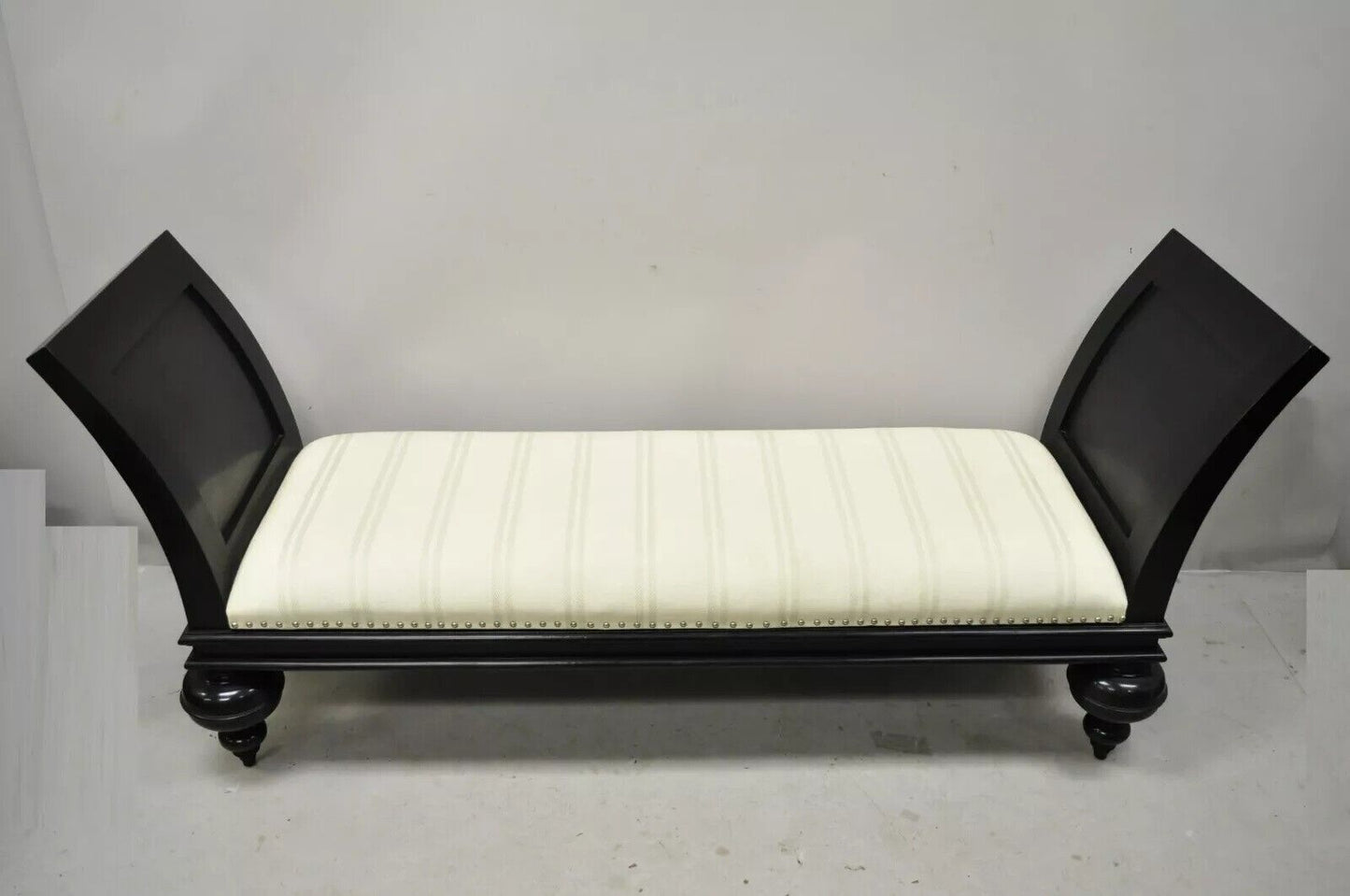 20th C. Hollywood Regency Italian Style Large Black Bun Feet Wooden Window Bench