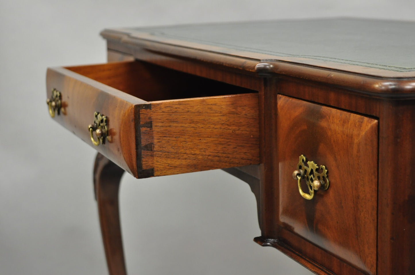 Antique English Georgian Crotch Mahogany Green Leather Top Small Writing Desk