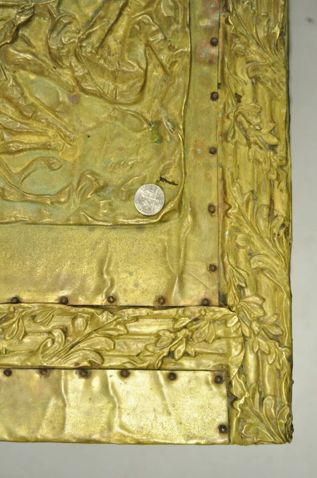 Antique Victorian Embossed Brass Fireplace Log Box Coal Box with Country Scenes