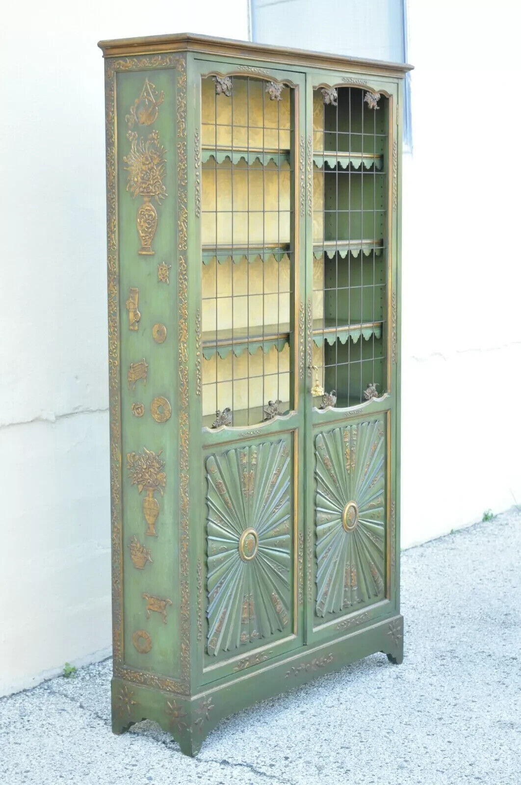 English Chinoiserie Green Distress Painted Tall George III Curio Display Cabinet