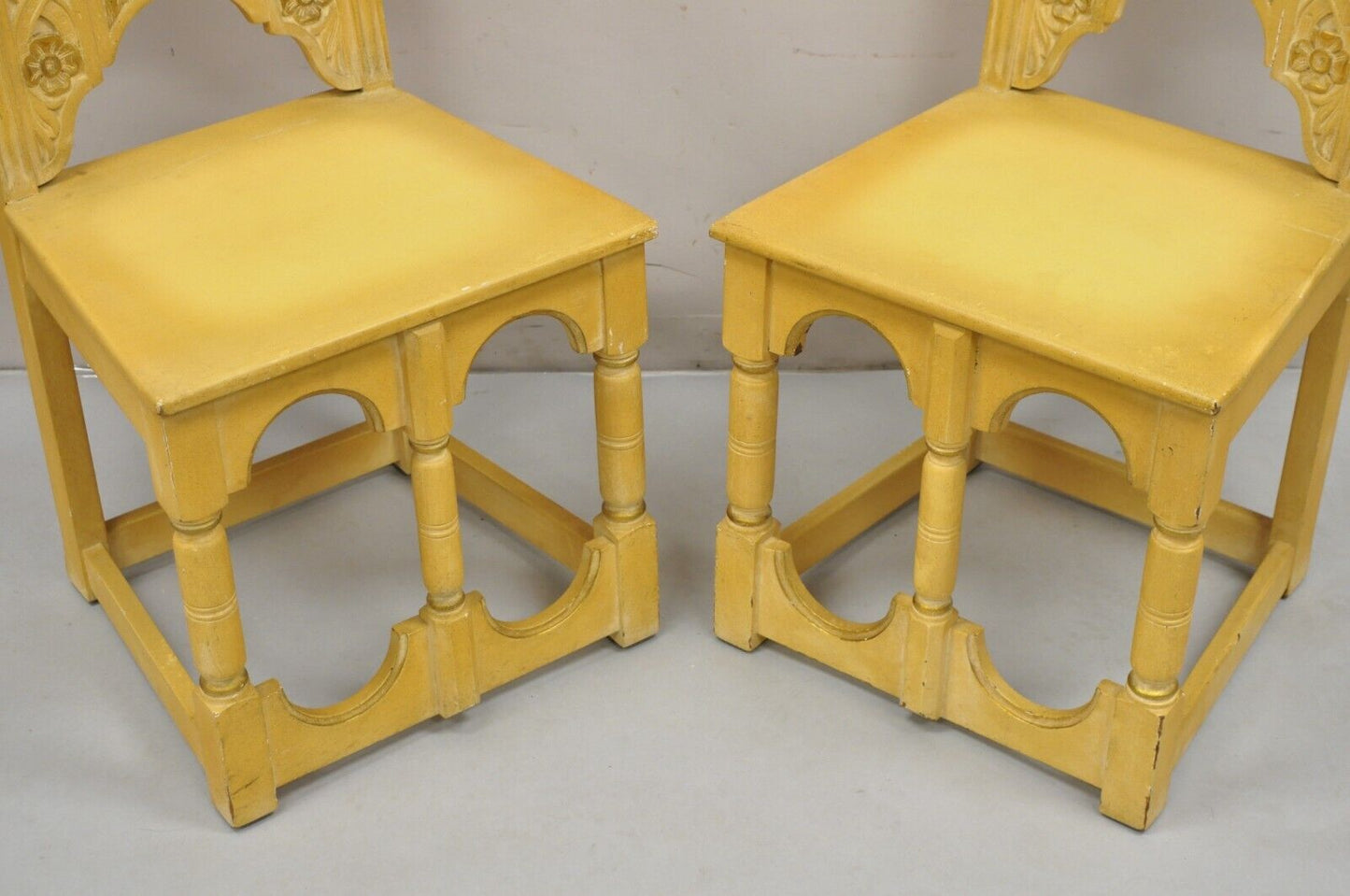 Gothic Renaissance Revival Painted Hall Altar Console Table Chair Set - 4 Pc Set