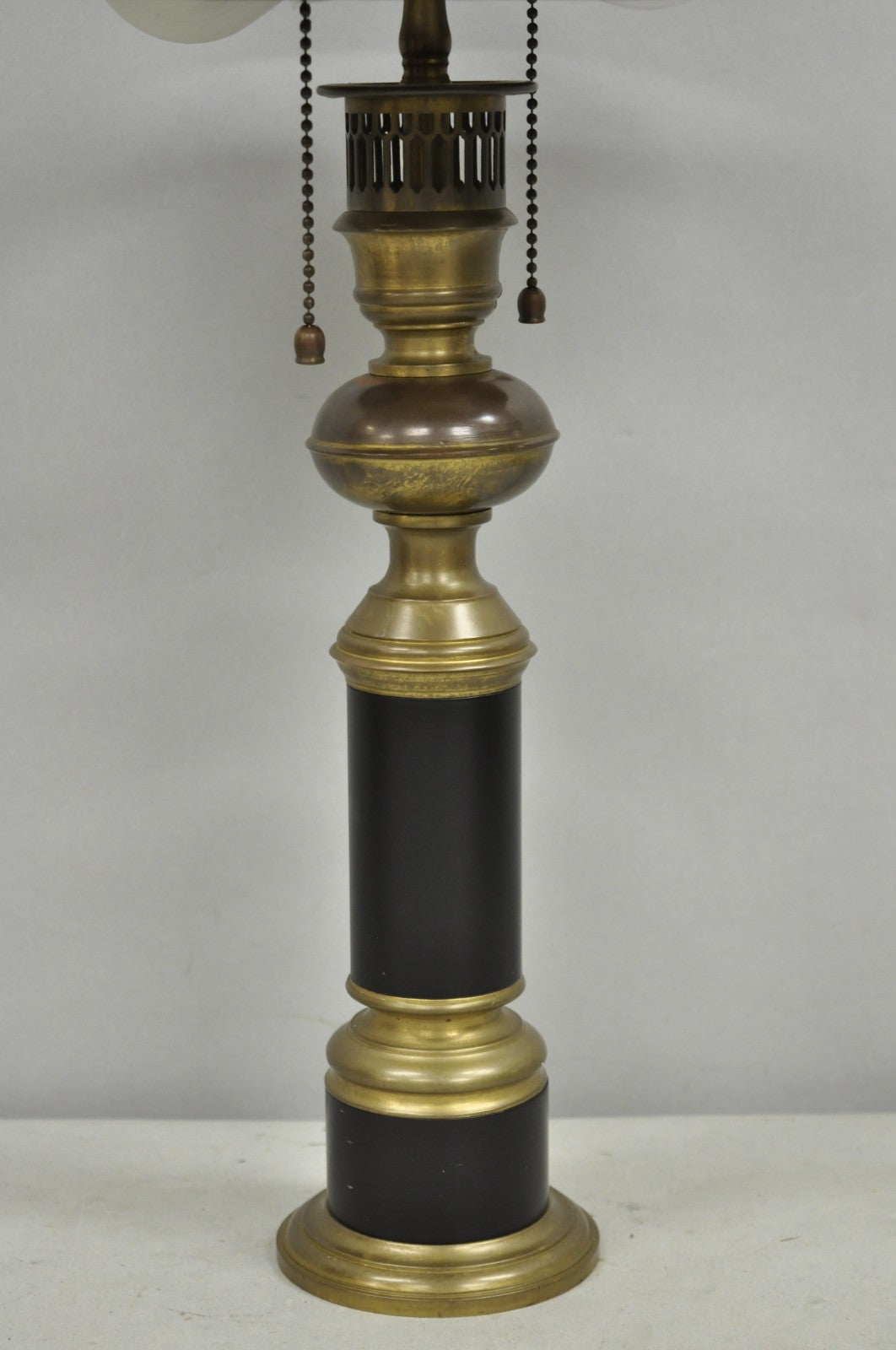 Vintage French Empire Burnished Brass Small Bouillotte Black Column Table Lamp