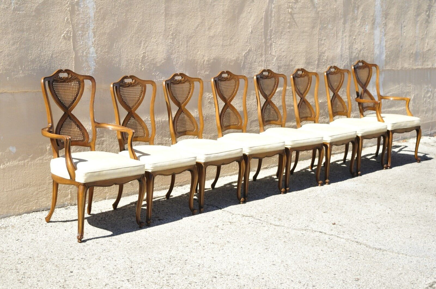 French Provincial Hollywood Regency Cane Back Pretzel Twist Dining Chair - Set 8