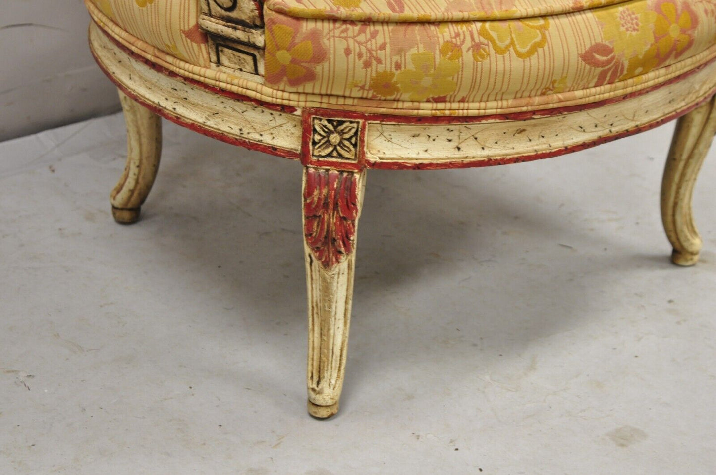 Vintage French Louis XV Style Cream and Red Painted Low Boudoir Fauteuil Chair