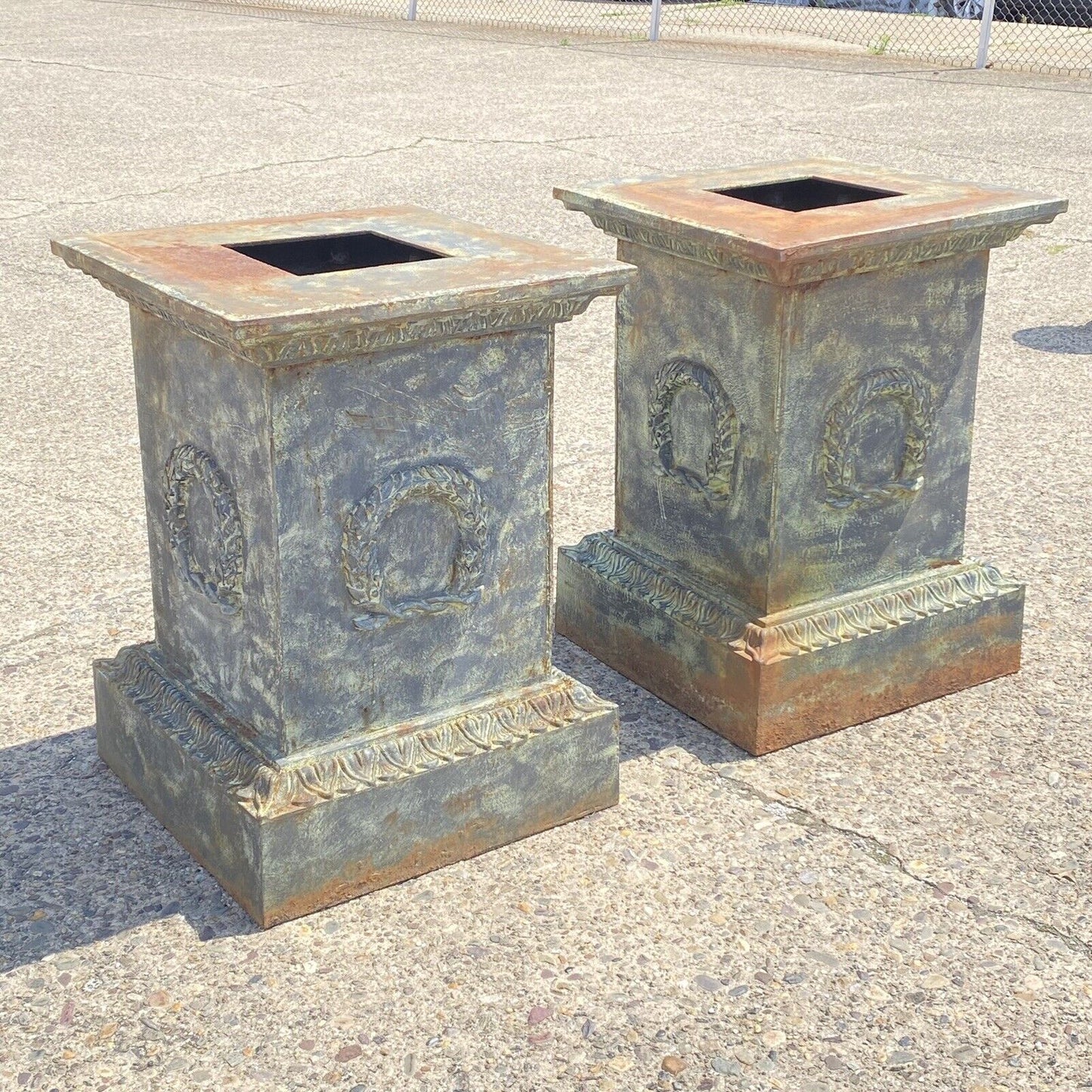 Pair Large Neoclassical Style Cast Iron Wreath Green Garden Urn Pedestal Base