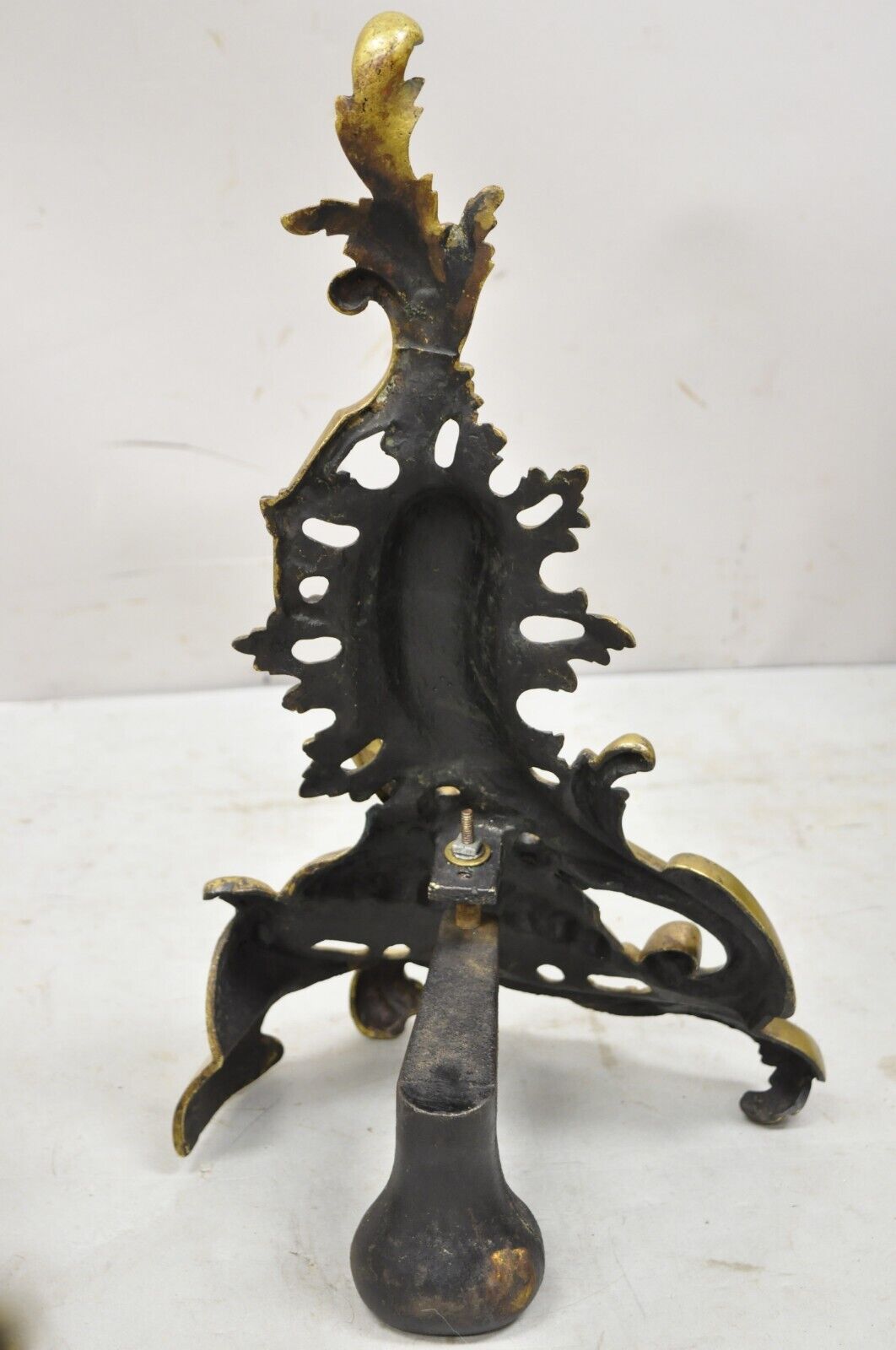 Vintage French Rococo Style Bronze Acanthus Leafy Scroll Andirons - a Pair