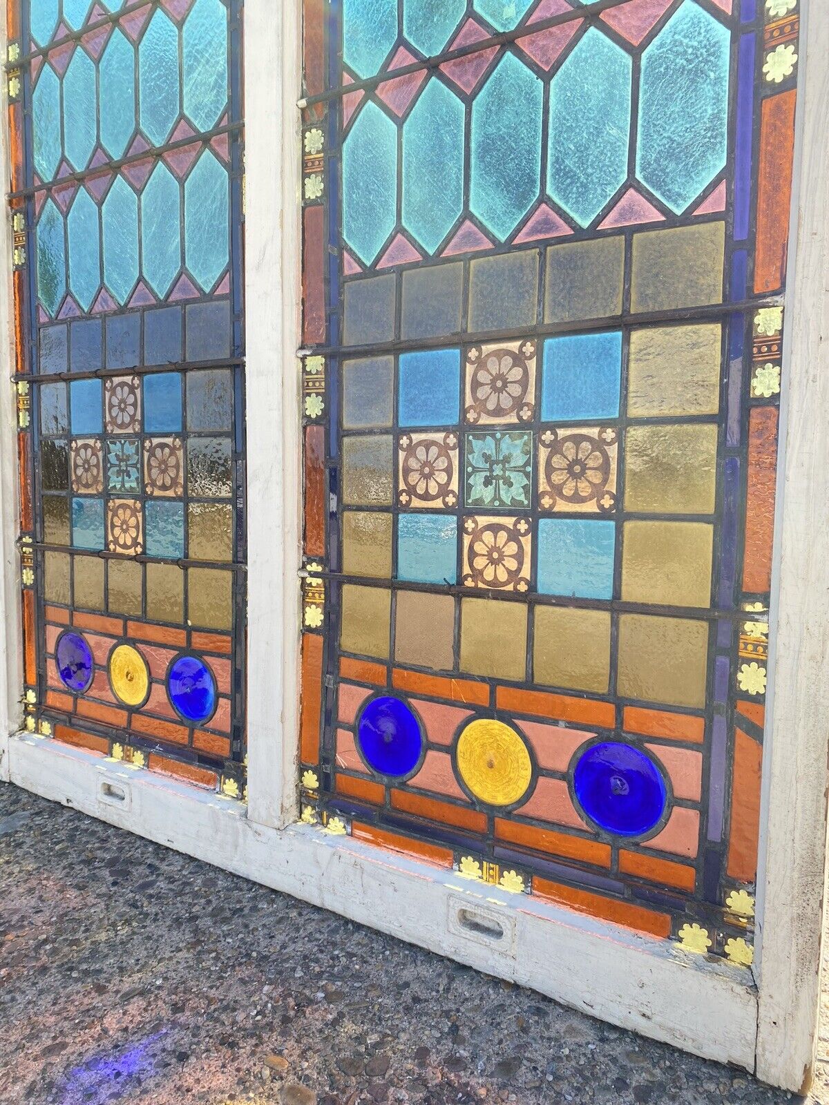 Antique Victorian 70 x 48 Double Stained Glass Window Pink Blue Green Jeweled