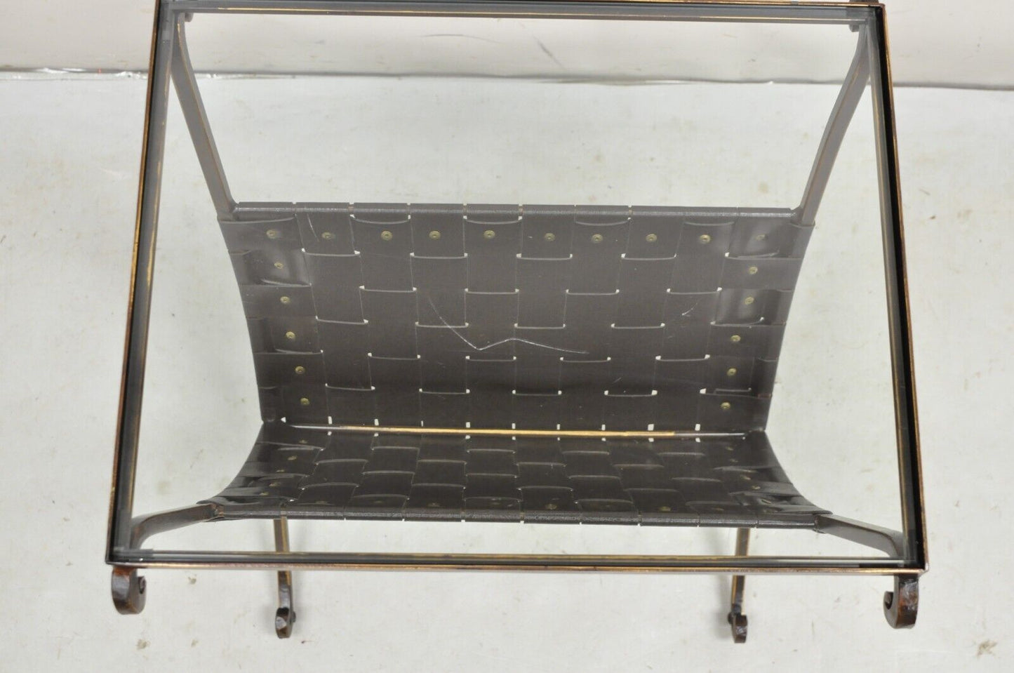 Decorator Modern Iron Leather Strap Magazine Rack Glass Top Side Table
