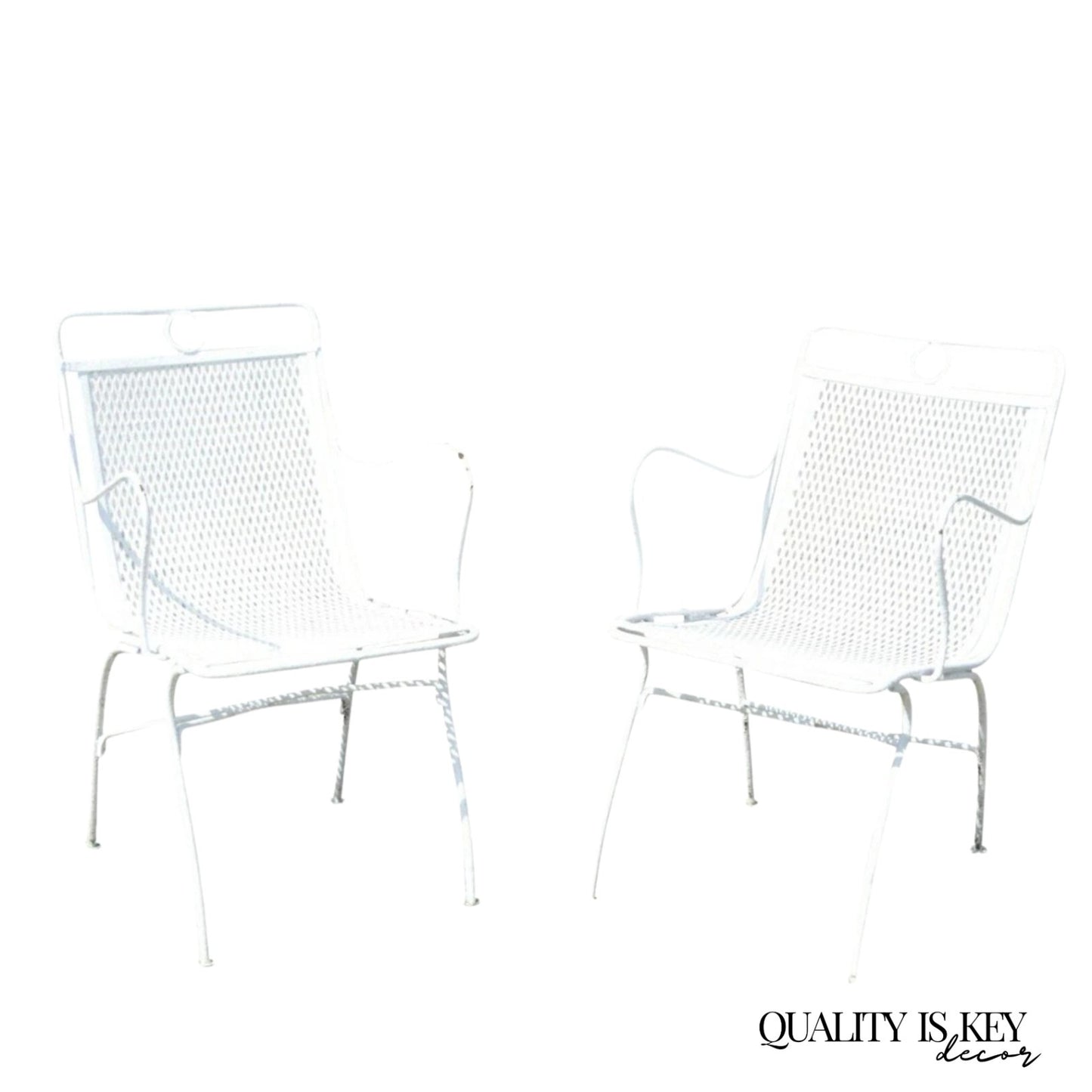 Vintage Russell Woodard White Wrought Iron Garden Patio Arm Chairs - a Pair