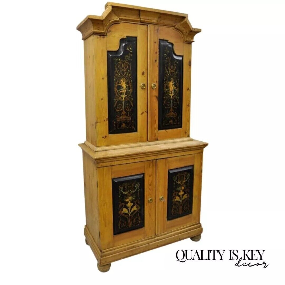 Antique Country French Neoclassical Putti Painted Pine Cupboard Cabinet Hutch