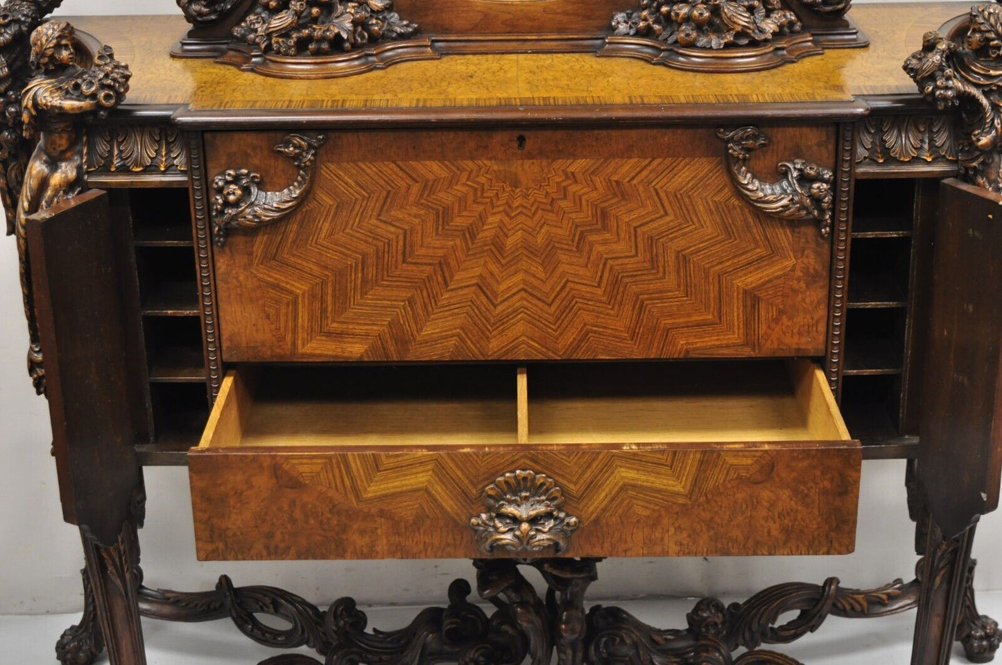 French Renaissance Louis XV Style Figural Carved Walnut Curio Display Buffet