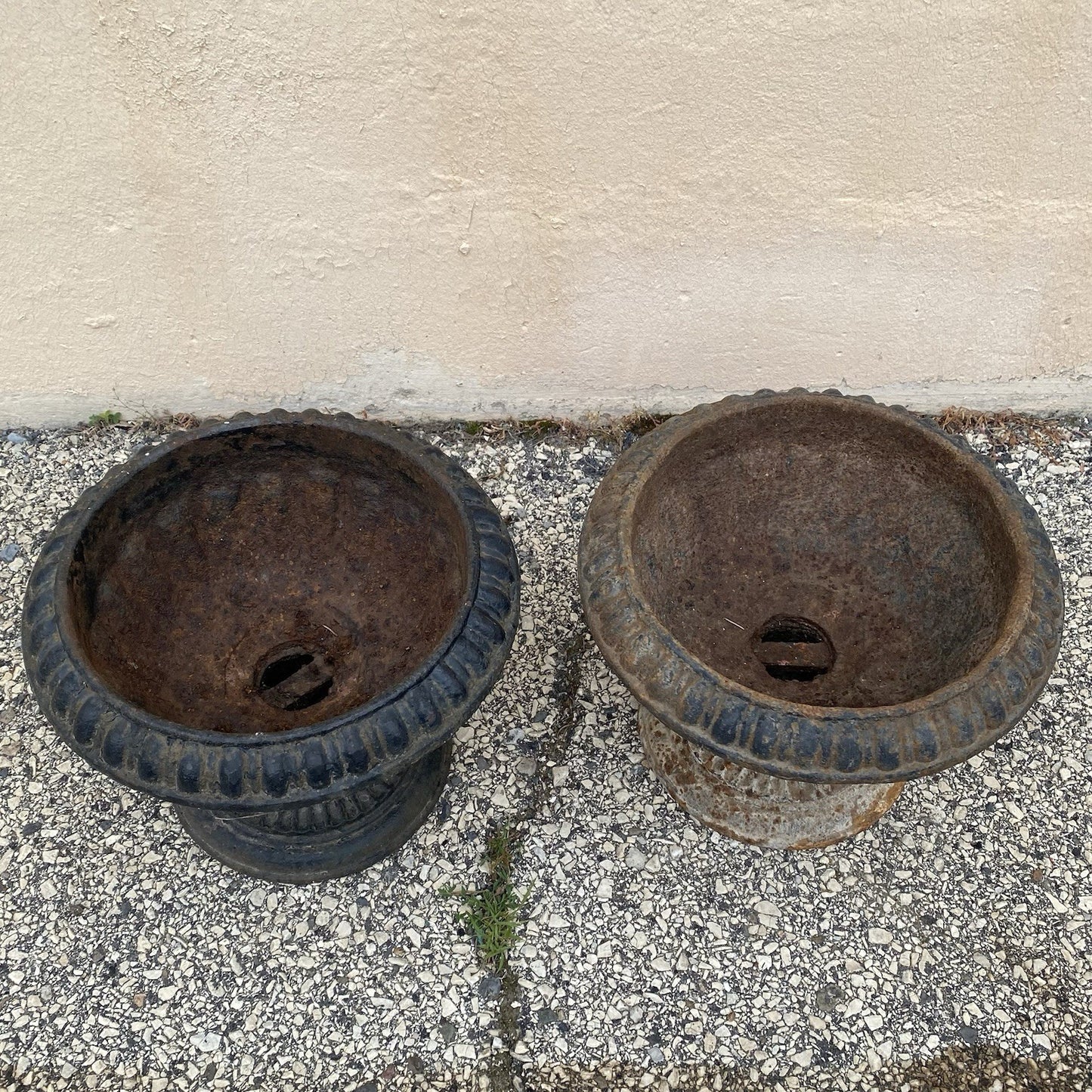Antique French Empire Style Small 12" Cast Iron Urn Garden Planter Pots - Pair