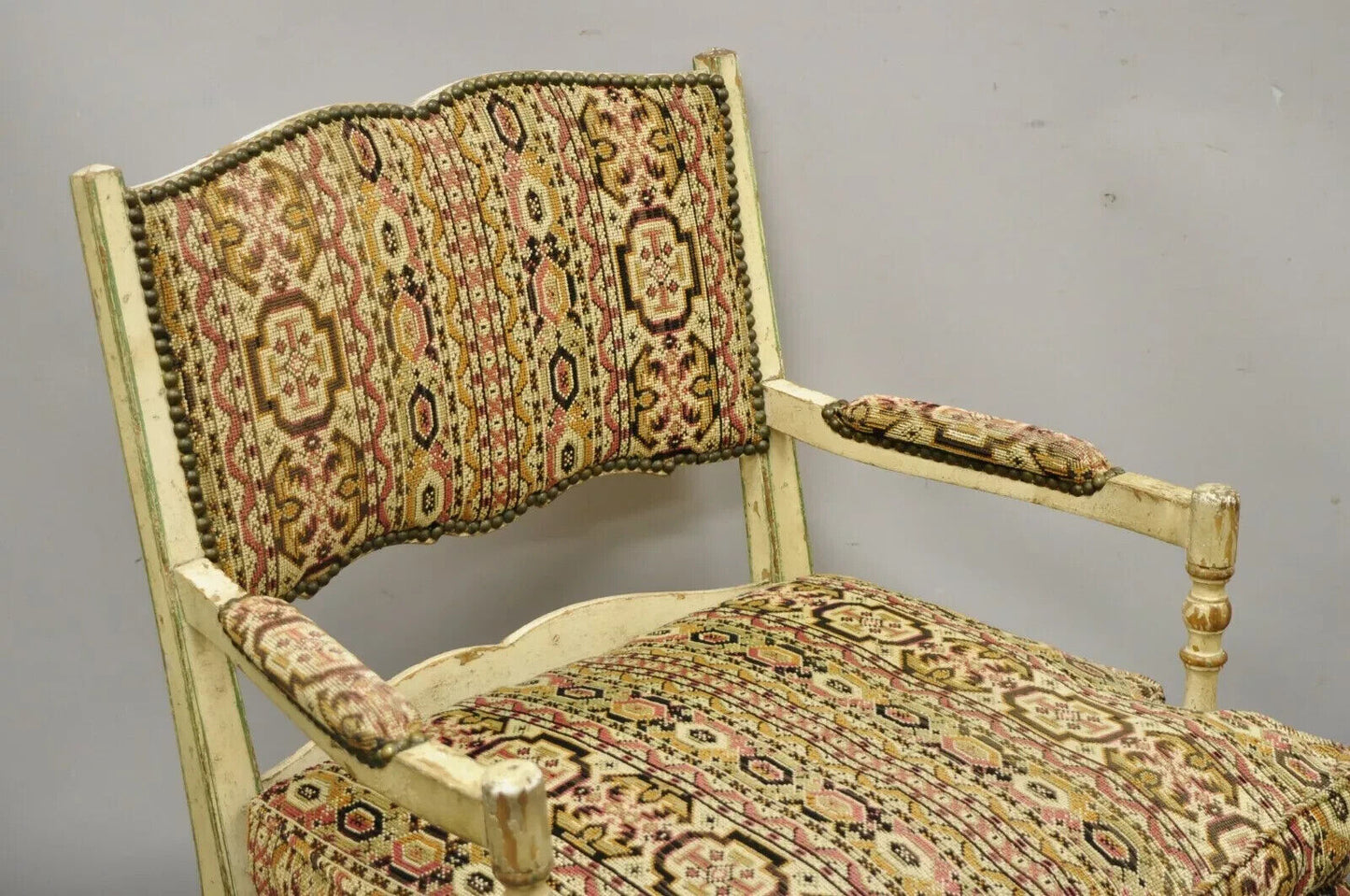 Vintage French Country Cream Distress Painted Lounge Arm Chairs & Ottoman a Pair