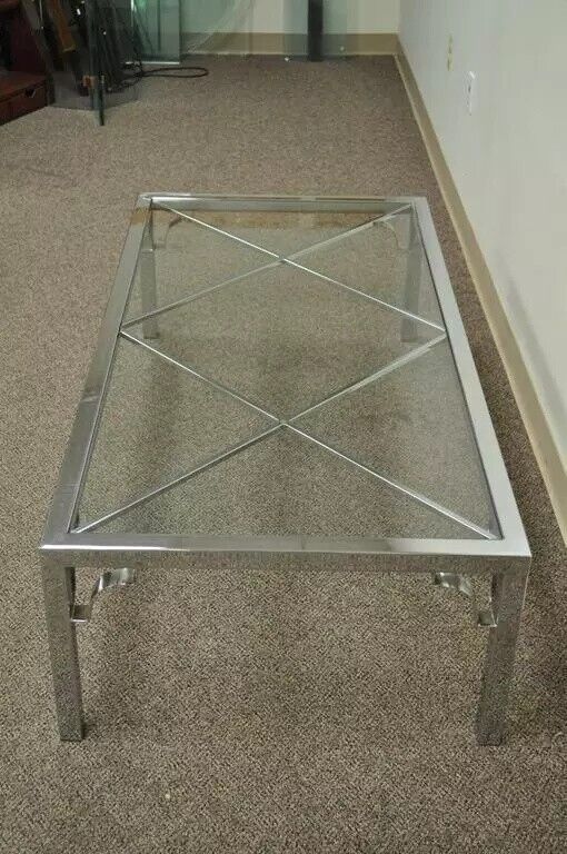 Mid Century Modern Chrome X-Frame Glass Top Hollywood Regency Coffee Table
