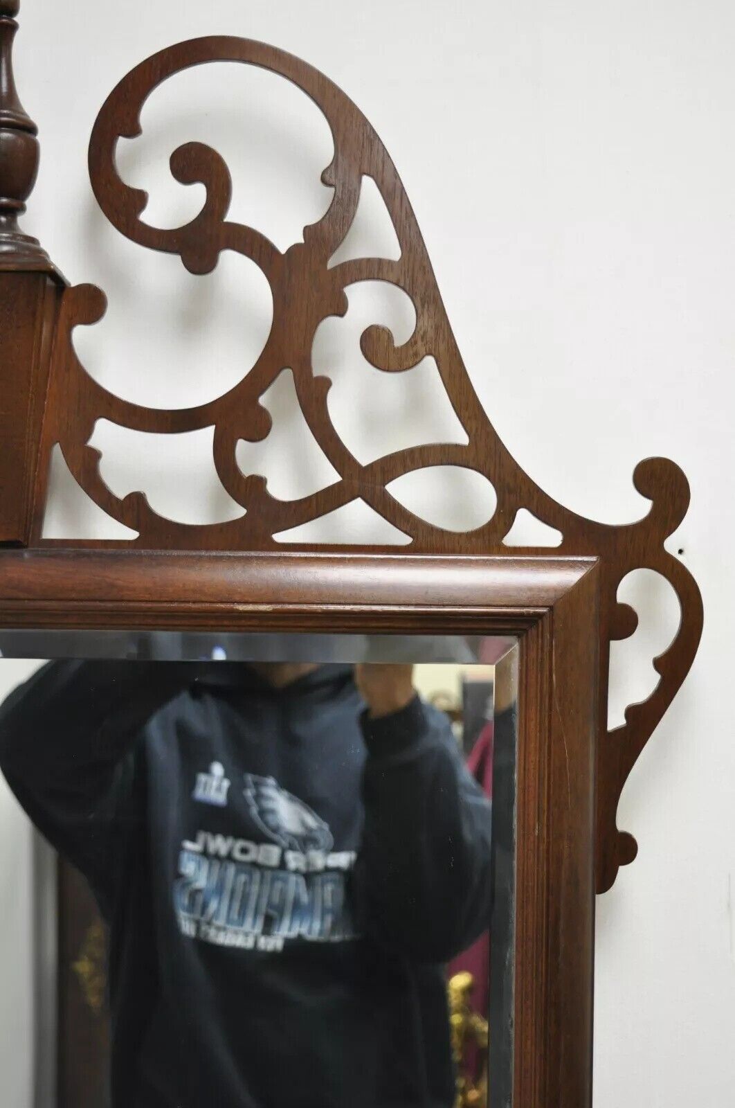 Vintage American Federal Mahogany Beveled Glass Broken Arch Fretwork Wall Mirror